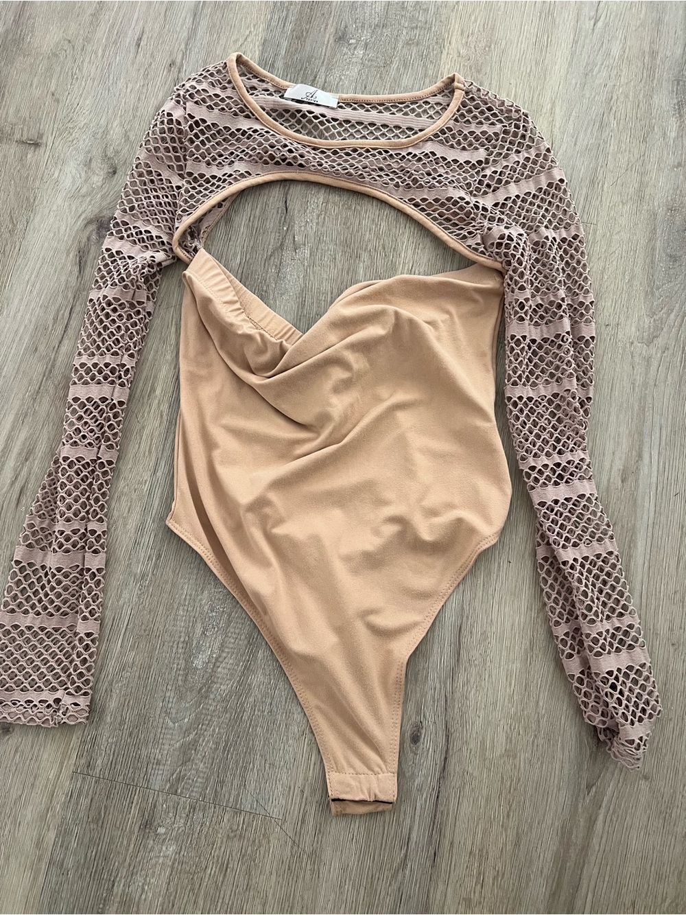A3 Design Beige Nude Mesh Long Sleeve Bodysuit